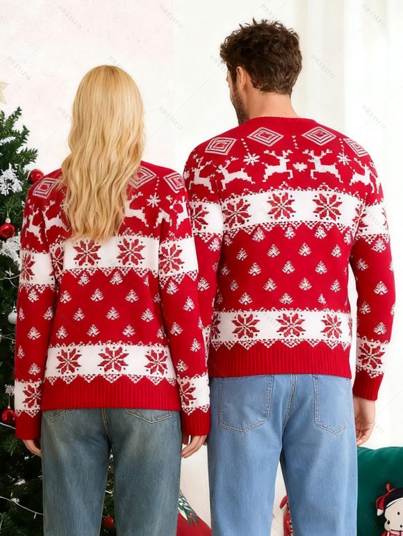 Christmas Outfit Elk Snowflake Print Long Sleeve Couple Sweater - Rouge S | US 4
