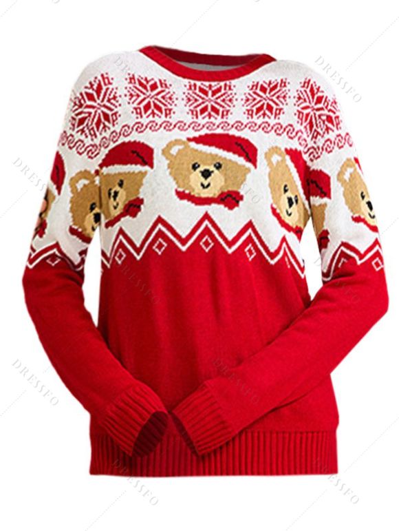 Pull de Noël colorblock ours avec chapeau imprimé flocon de neige haut à manches longues - Rouge M | US 6