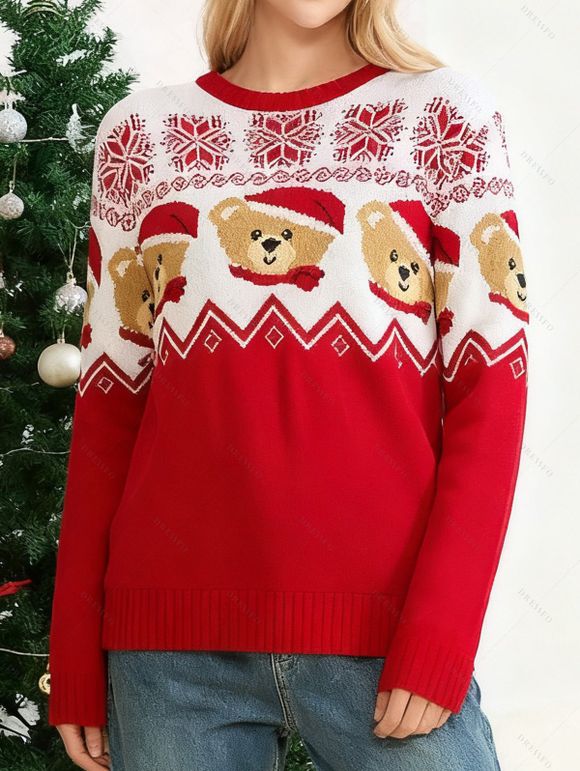 Pull de Noël colorblock ours avec chapeau imprimé flocon de neige haut à manches longues - Rouge M | US 6