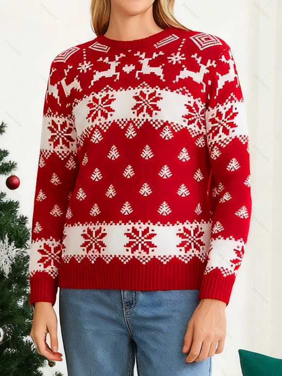 Pull de Noël à manches longues et imprimé flocon de neige et élan colorblock - Rouge S | US 4