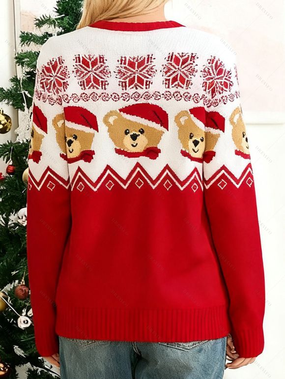 Pull de Noël colorblock ours avec chapeau imprimé flocon de neige haut à manches longues - Rouge M | US 6