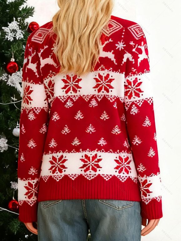 Pull de Noël à manches longues et imprimé flocon de neige et élan colorblock - Rouge S | US 4