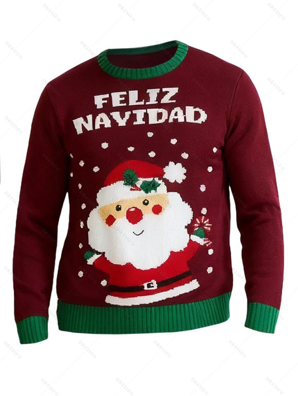 Pull de Noël pour homme, colorblock, imprimé Père Noël et flocons de neige, haut à manches longues - Rouge foncé XXL | US 12