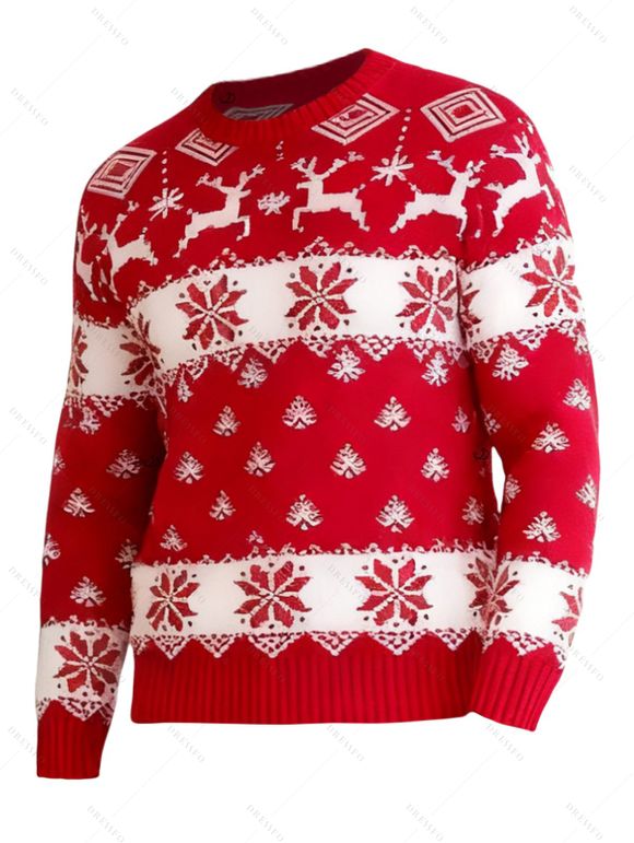 Pull de Noël pour homme, haut à manches longues, imprimé élan et flocon de neige, colorblock - Rouge XXL | US 12