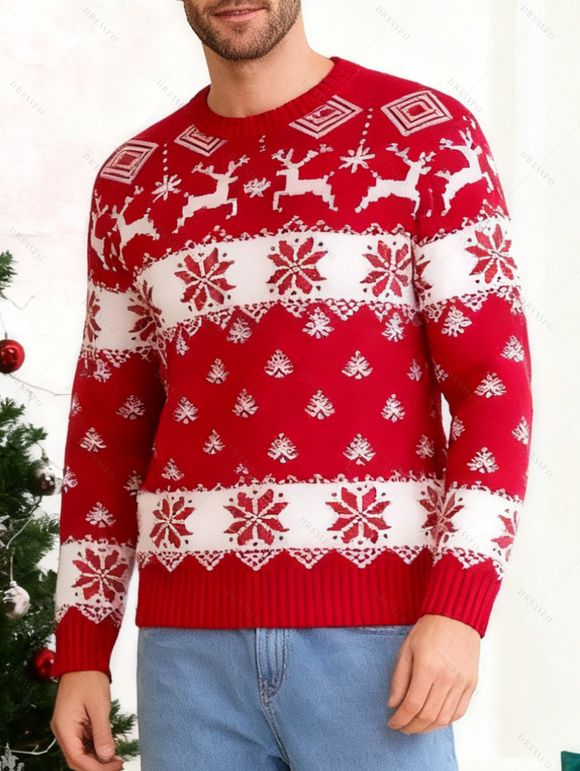 Pull de Noël pour homme, colorblock, imprimé élan et flocon de neige, haut à manches longues - Rouge M | US 6