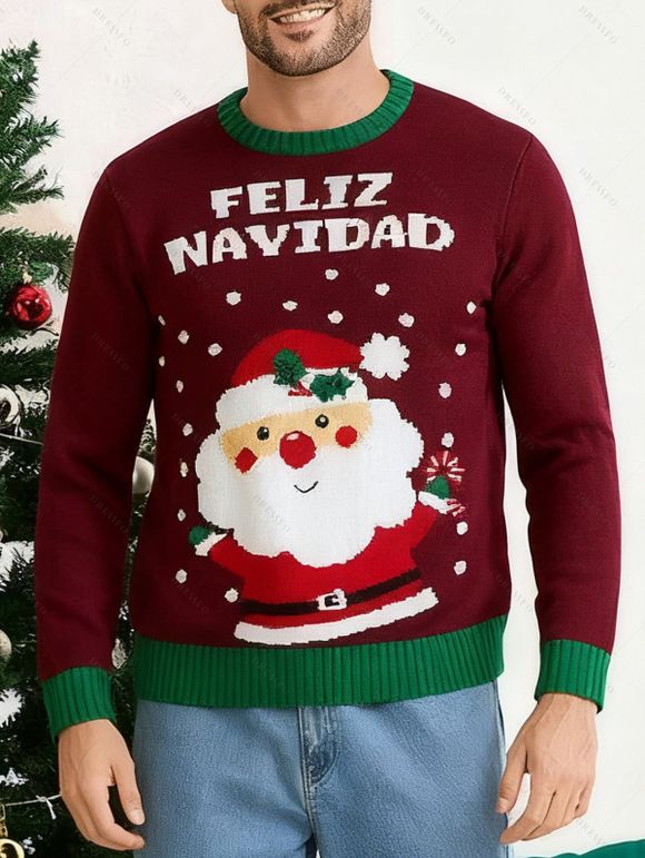 Pull de Noël pour homme, colorblock, imprimé Père Noël et flocons de neige, haut à manches longues - Rouge foncé M | US 6