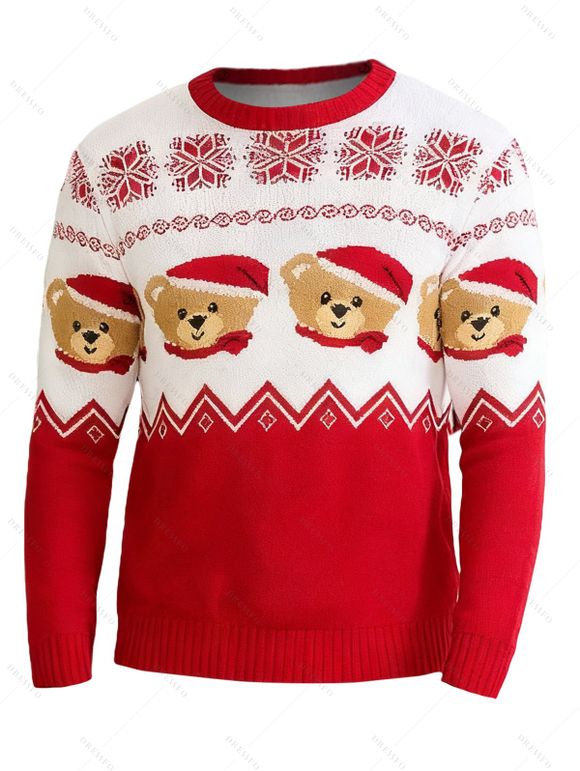 Pull de Noël pour homme, motif ours colorblock avec chapeau et haut imprimé flocon de neige - Rouge XXL | US 12