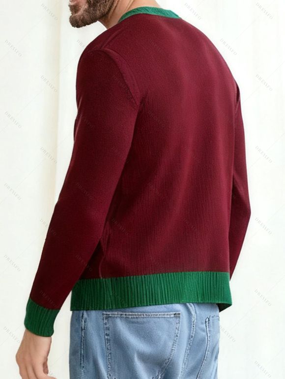 Pull de Noël pour homme, colorblock, imprimé Père Noël et flocons de neige, haut à manches longues - Rouge foncé M | US 6