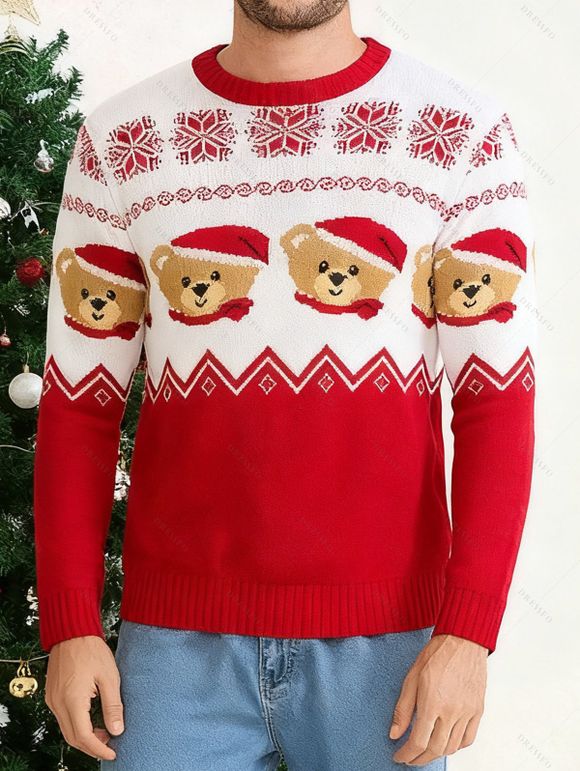 Pull de Noël pour homme, motif ours colorblock avec chapeau et haut imprimé flocon de neige - Rouge M | US 6