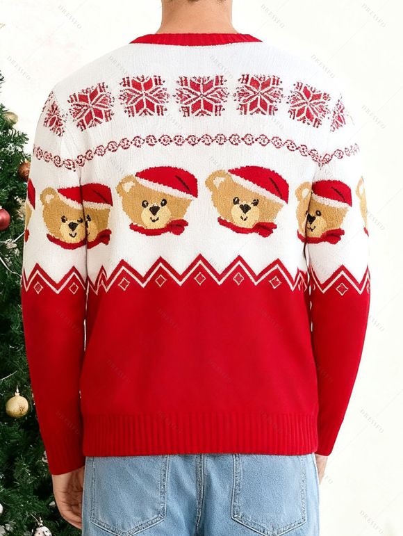 Pull de Noël pour homme, motif ours colorblock avec chapeau et haut imprimé flocon de neige - Rouge M | US 6