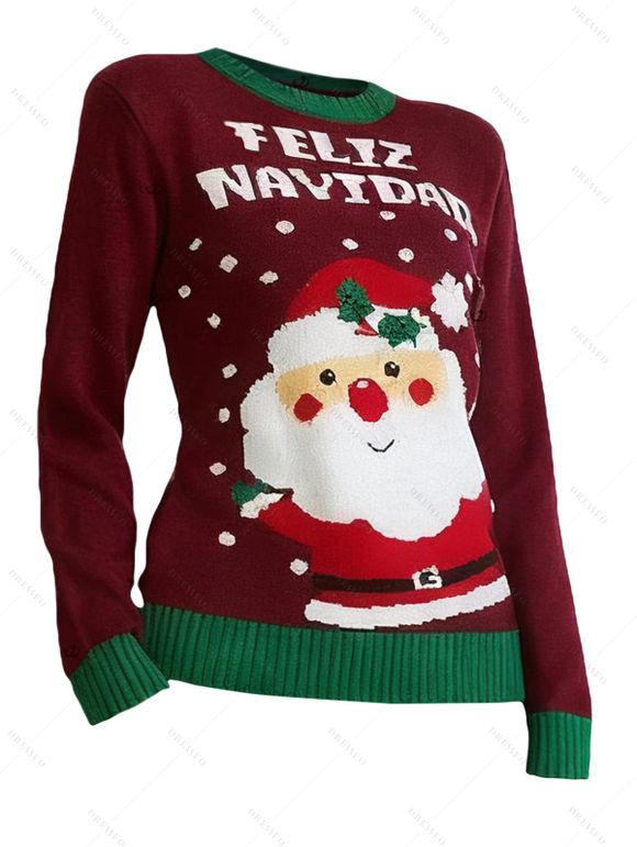 Pull de Noël à manches longues et imprimé Père Noël et flocons de neige - Rouge foncé XXL | US 12