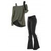 Women Outfit Solid Color Textured Skew Neck Top and Lace Up Flare Jeans Set - Vert Armée S | US 4
