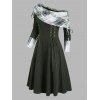 Robe à carreaux en maille torsadée, col cintrée, manches longues et lacets - Vert profond S | US 4