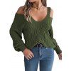 Pull tricoté de couleur unie, épaules dénudées, manches lanternes - Vert M | US 6