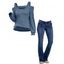Women Outfit Cut Out Cold Shoulder Long Sleeve Top and Topstitching Flare Jeans Set - Bleu S | US 4
