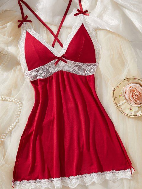 Robe de nuit à empiècements en dentelle colorblock, nœud croisé, lingerie