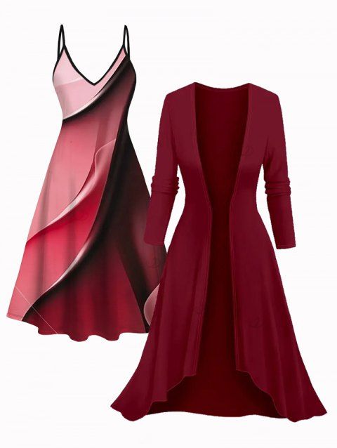 Ensemble robe pour femme, robe à bretelles spaghetti imprimée ombrée et robe ouverte sur le devant