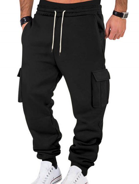 Pantalons de couleur unie pour hommes, pantalons longs à cordons de serrage et poches multiples