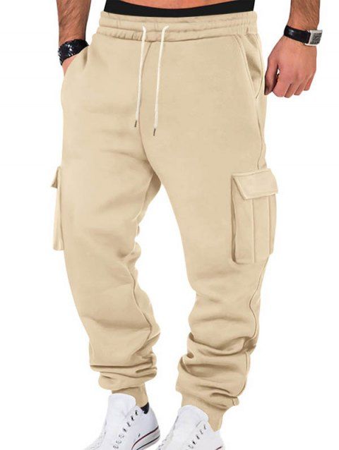 Pantalons de couleur unie pour hommes, pantalons longs à cordons de serrage et poches multiples