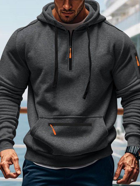 Men's Hoodie Top Zipper Multiple Pockets Drawstrings Hooded Top