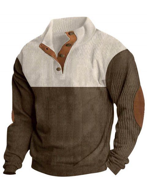 Sweat-shirt en velours côtelé colorblock pour homme, haut texturé à col montant