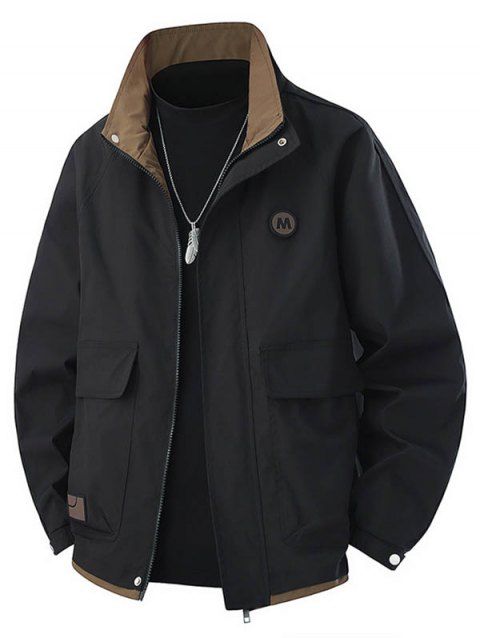 Manteau à col montant pour homme, poches à lettres, colorblock, fermeture éclair