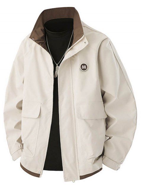 Manteau à col montant pour homme, poches à lettres, colorblock, fermeture éclair