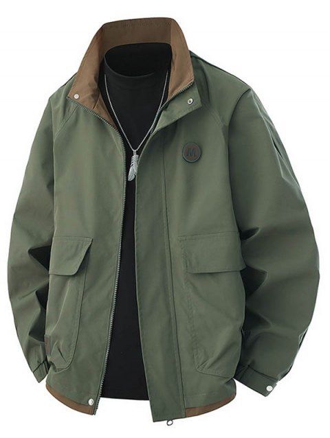 Manteau à col montant pour homme, poches à lettres, colorblock, fermeture éclair