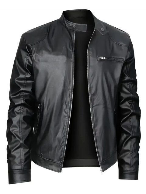 Manteau en PU pour homme, couleur unie, avec poches zippées et col montant