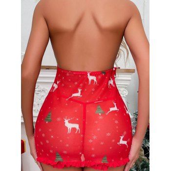 Christmas Elk Tree Print Lingeries Set Lace Panel Halter Top and Bowknot Briefs Set
