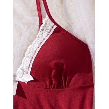 Lace Panel Loungewear Colorblock Bowknot Top and Bottom Set