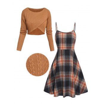 Crossover Cable Knit Cropped Knit Top And Vintage Plaid Print High Waisted A Line Mini Dress Two Piece Fall Set