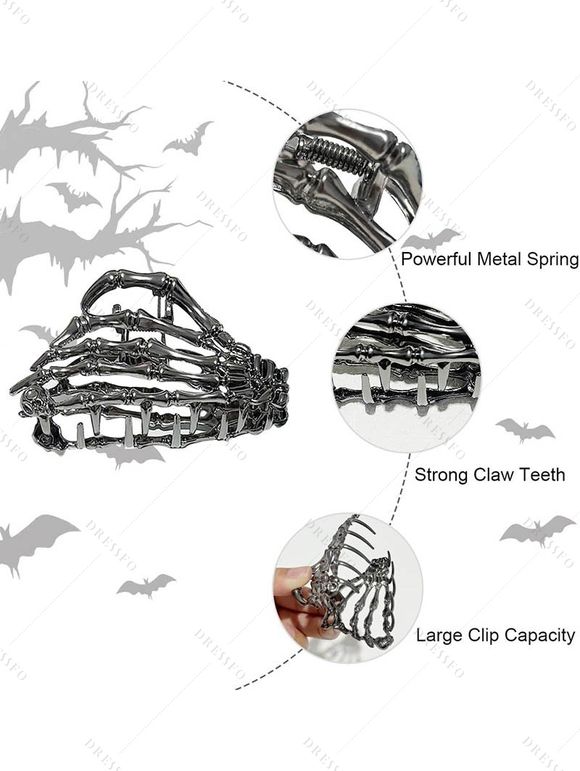 Lot de 3 pinces à cheveux gothiques Halloween en forme d'araignée, de squelette et de chauve-souris - Argent 