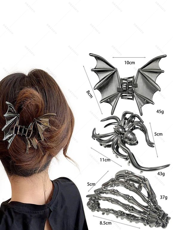 Lot de 3 pinces à cheveux gothiques Halloween en forme d'araignée, de squelette et de chauve-souris - Argent 