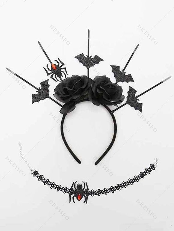 Accessoires de cosplay d'Halloween Serre-tête chauve-souris rose Ensemble tour de cou araignée - Noir 