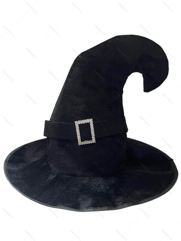 Chapeau de sorcier avec anneau carré en strass pour fête d'Halloween et cosplay - Noir 