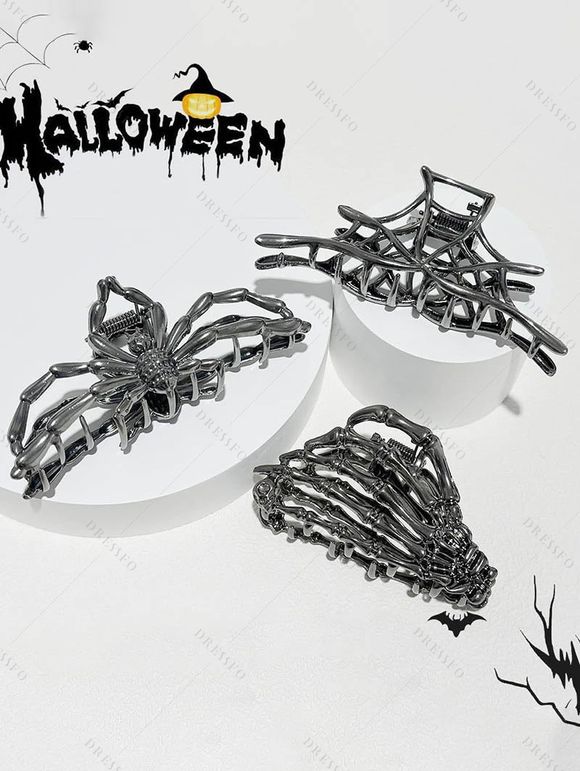 Lot de 3 pinces à cheveux gothiques Halloween en forme de toile d'araignée - Argent 