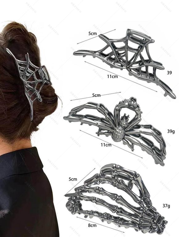 Lot de 3 pinces à cheveux gothiques Halloween en forme de toile d'araignée - Argent 