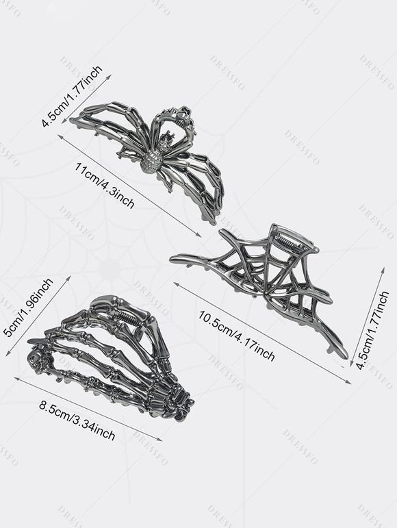Lot de 3 pinces à cheveux gothiques Halloween en forme de toile d'araignée - Argent 