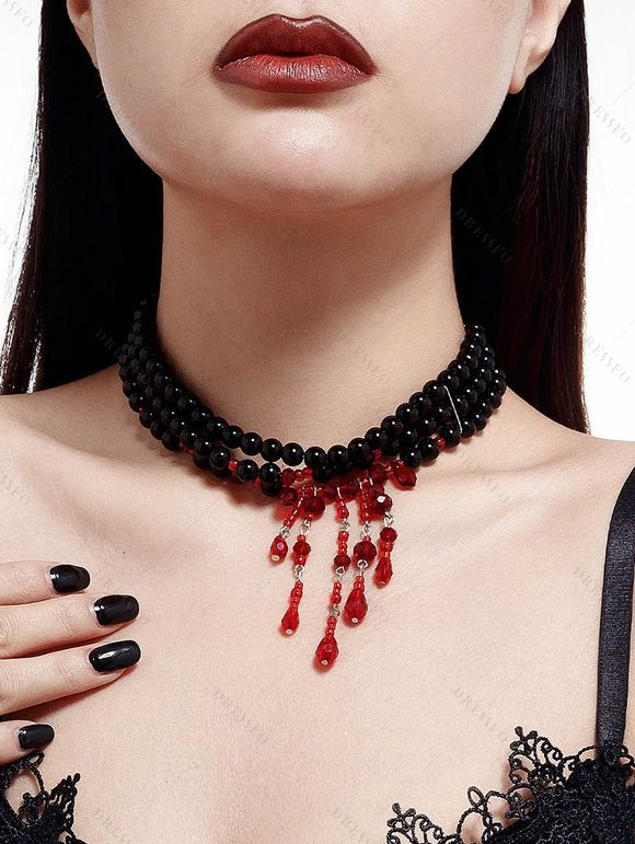 Collier ras du cou gothique Halloween à perles et pierres précieuses synthétiques colorblock - Blanc 