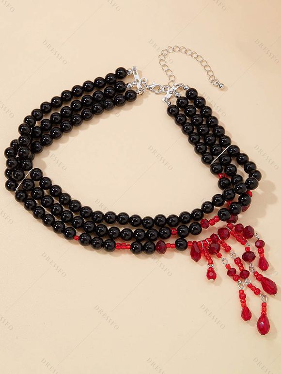 Collier ras du cou gothique Halloween à perles et pierres précieuses synthétiques colorblock - Blanc 