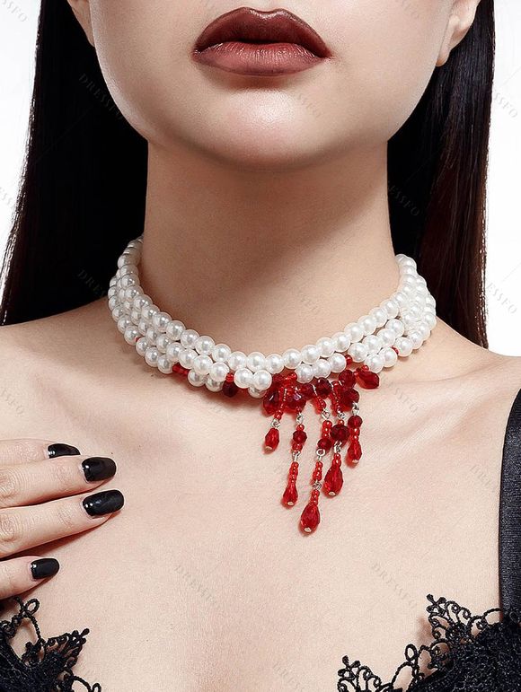 Collier ras du cou gothique Halloween à perles et pierres précieuses synthétiques colorblock - Noir 