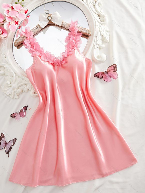 Mini-robe de nuit à empiècements floraux de couleur unie - Rose XL | US 10