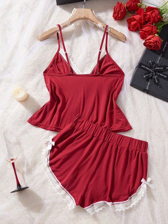 Ensemble haut et bas à nœud papillon colorblock avec empiècements en dentelle - Rouge Vineux M | US 6