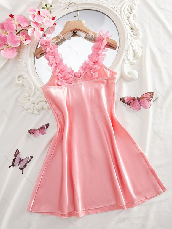 Mini-robe de nuit à empiècements floraux de couleur unie - Rose S | US 4