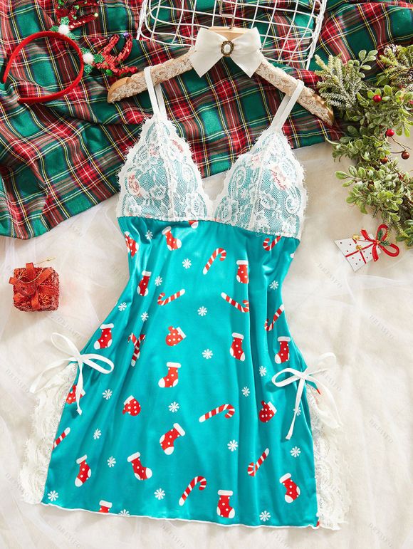 Robe de nuit de Noël avec nœud papillon et empiècement en dentelle et imprimé flocons de neige - Turquoise XL | US 10