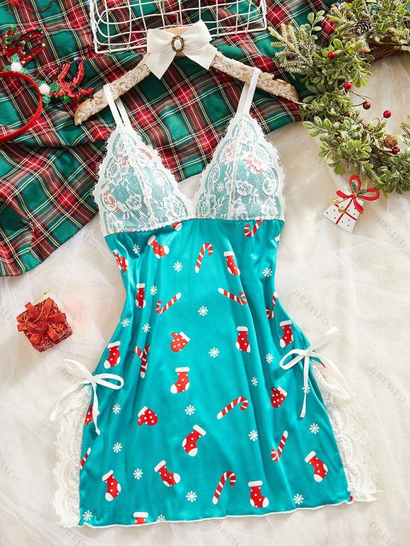 Robe de nuit de Noël avec nœud papillon et empiècement en dentelle et imprimé flocons de neige - Turquoise M | US 6
