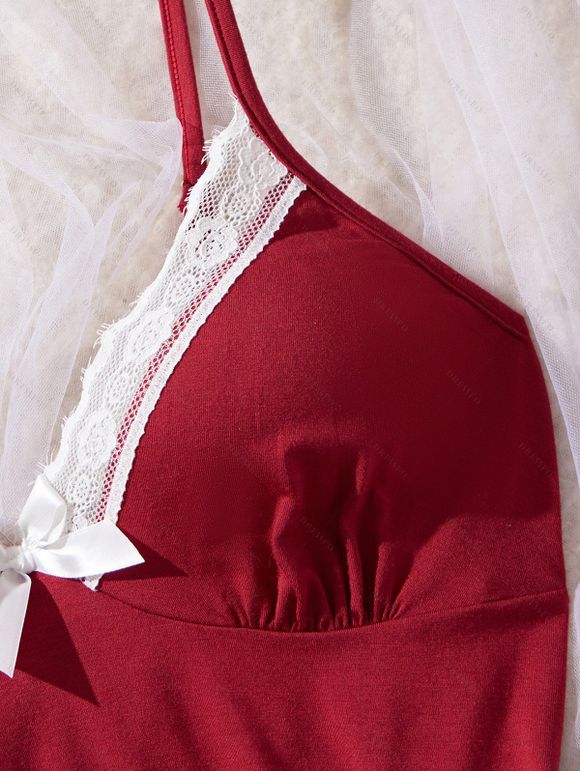 Ensemble haut et bas à nœud papillon colorblock avec empiècements en dentelle - Rouge Vineux M | US 6