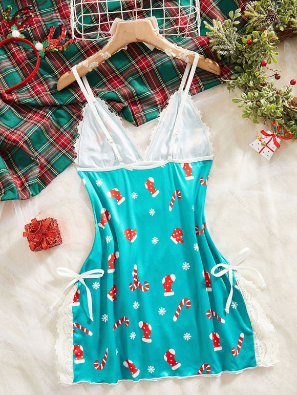 Robe de nuit de Noël avec nœud papillon et empiècement en dentelle et imprimé flocons de neige - Turquoise M | US 6