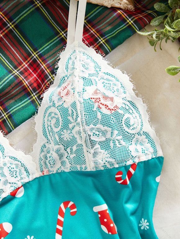 Robe de nuit de Noël avec nœud papillon et empiècement en dentelle et imprimé flocons de neige - Turquoise M | US 6